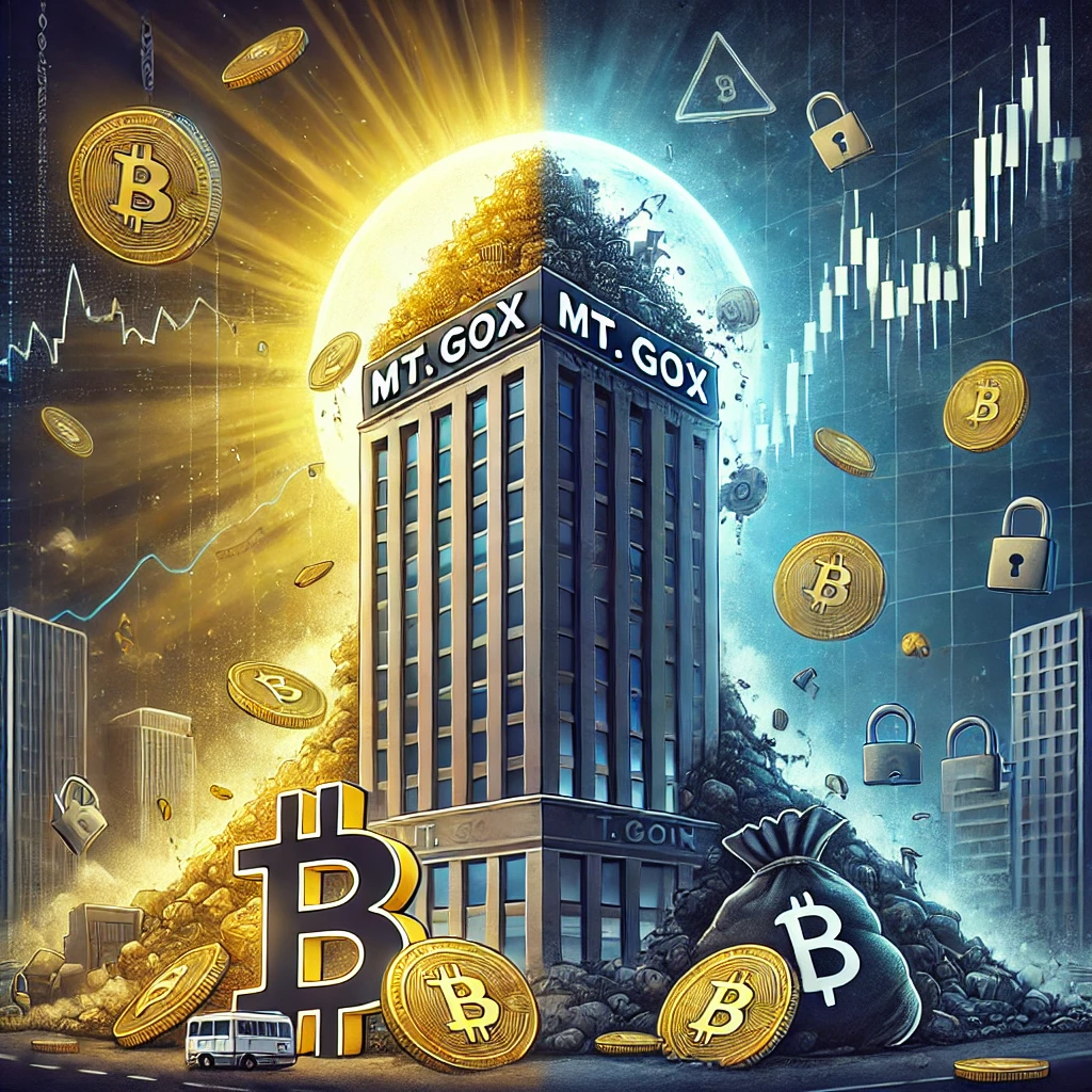 An-illustration-depicting-the-rise-and-fall-of-Mt.-Gox-and-its-impact-on-Bitcoin.-The-scene-shows-a-tall-building-labeled-Mt.-Gox-with-Bitcoins-flow