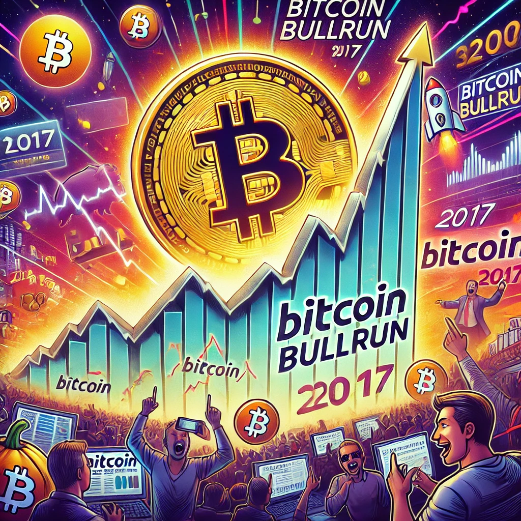 An-illustration-depicting-the-Bitcoin-bullrun-of-2017.-The-scene-shows-a-graph-with-a-dramatic-upward-trend-representing-the-massive-price-increase-o