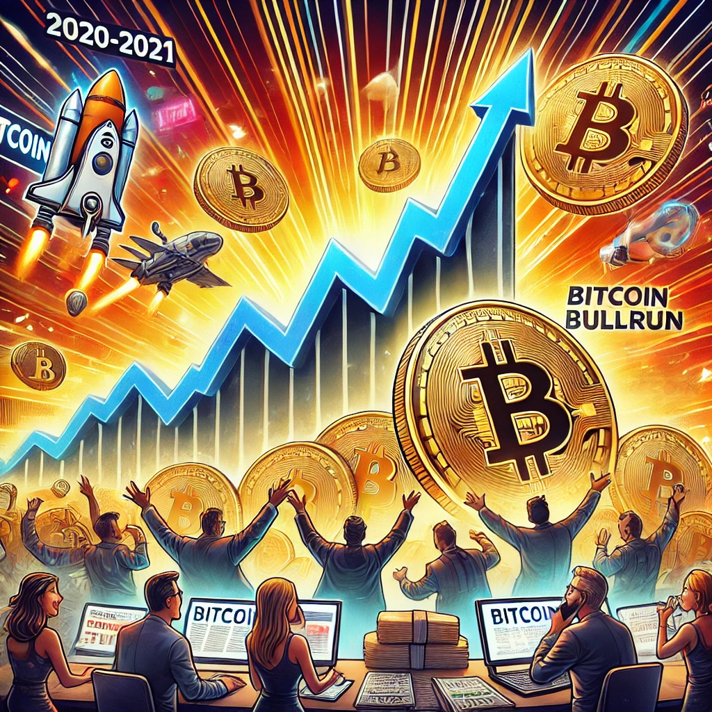 An-illustration-depicting-the-Bitcoin-bullrun-of-2020-2021.-The-scene-shows-a-graph-with-a-dramatic-upward-trend-representing-the-massive-price-incr