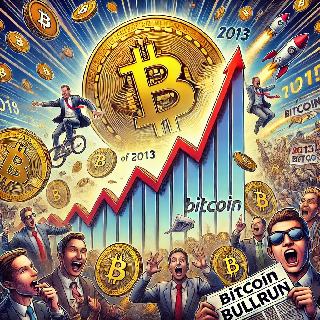 An-illustration-depicting-the-Bitcoin-bullrun-of-2013.-The-scene-shows-a-graph-with-a-dramatic-upward-trend-representing-the-massive-price-increase-o